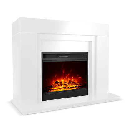 Oprah 1950W Free Standing Electric Mantel Fireplace in White, featuring a sleek design with a black insert, realistic glowing embers, and flickering flame effects over faux logs for indoor elegance.