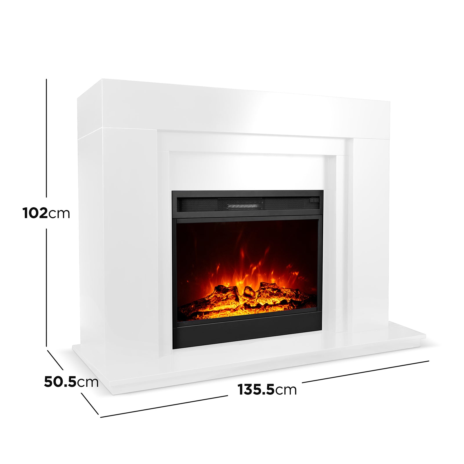 Oprah 1950W Free Standing Electric Mantel Fireplace in White features a modern design with a black-framed firebox, glowing embers, faux logs, and visible dimensions: 135.5 cm wide, 102 cm tall, 50.5 cm deep.