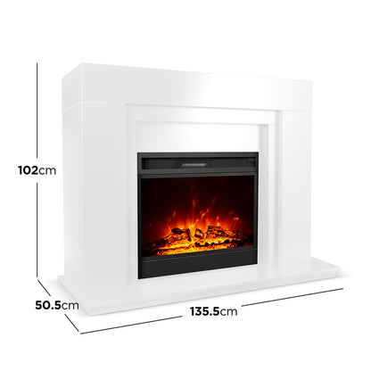 Oprah 1950W Free Standing Electric Mantel Fireplace in White features a modern design with a black-framed firebox, glowing embers, faux logs, and visible dimensions: 135.5 cm wide, 102 cm tall, 50.5 cm deep.