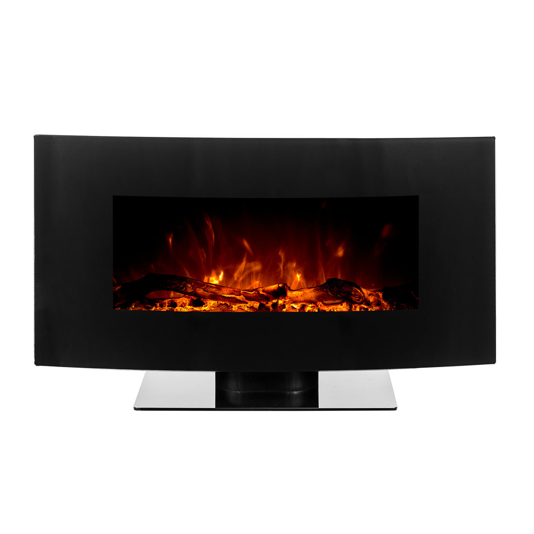 Wyoming 90cm Free Standing LED Electric Fireplace in Black features a curved metal front, clear viewing window with simulated flames, decorative logs, and a glossy base, offering modern aesthetic and practical heating.