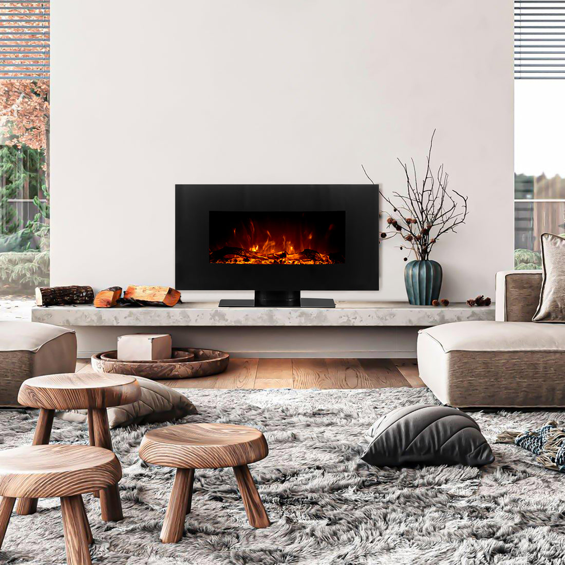 Wyoming 90cm Free Standing LED Electric Fireplace in Black, featuring glowing flames, sleek curved design on a floating stone shelf, with logs and a sculptural vase nearby, enhancing modern living room ambience.