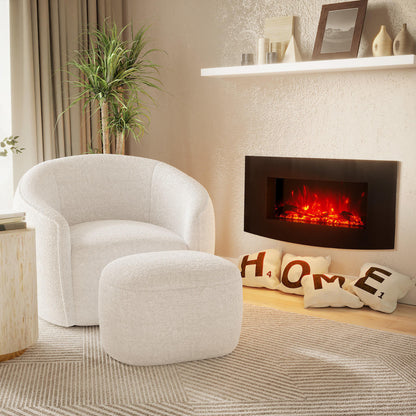 Wyoming 90cm Free Standing LED Electric Fireplace in Black, wall-mounted above a cozy armchair and ottoman, glows warmly with ember-red flames, enhancing a stylish, contemporary living-room nook.