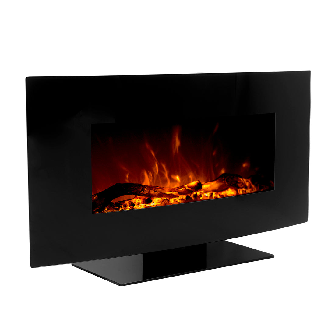 Wyoming 90cm Free Standing LED Electric Fireplace in Black, featuring a modern wall-mounted design with a glossy surround, glowing logs, animated flames, and a low pedestal base for a sleek, contemporary look.