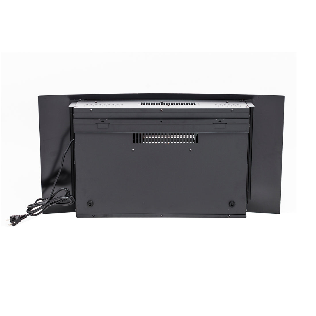 Wyoming 90cm Free Standing LED Electric Fireplace in Black, showcasing the back view with power cord, ventilation grille, and fold-out side panels, emphasizing its sleek design and modern functionality.