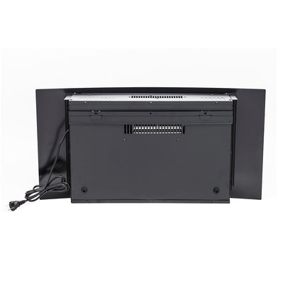 Wyoming 90cm Free Standing LED Electric Fireplace in Black, showcasing the back view with power cord, ventilation grille, and fold-out side panels, emphasizing its sleek design and modern functionality.