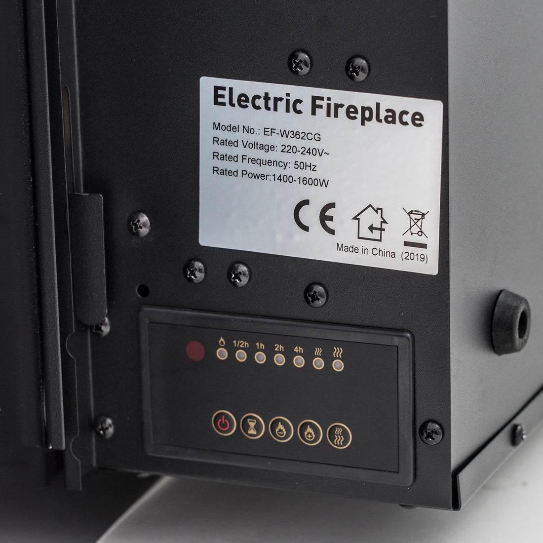 Close-up of Wyoming 90cm Free Standing LED Electric Fireplace in Black, showing the data plate with model details and a touch-button control panel with power, timer, flame intensity, and heat mode icons.