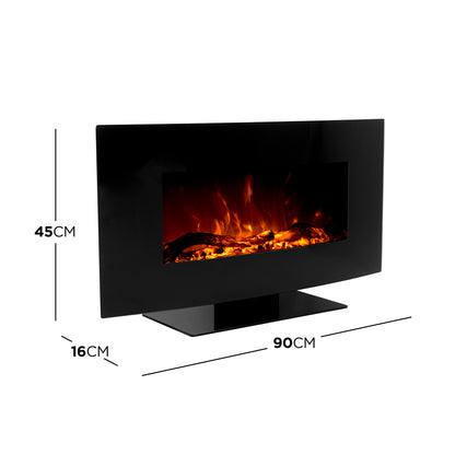 Wyoming 90cm Free Standing LED Electric Fireplace in Black, showcasing a sleek, glossy design with a rectangular window displaying a realistic log-and-ember flame effect, resting on a flat base.