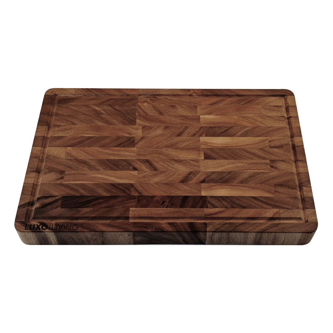 American Walnut End Grain Chopping Board featuring a rectangular shape, end-grain butcher-block style, shallow juice groove, and LUXO LIVING branding in the lower left corner.