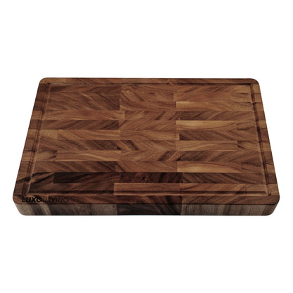 American Walnut End Grain Chopping Board featuring a rectangular shape, end-grain butcher-block style, shallow juice groove, and LUXO LIVING branding in the lower left corner.