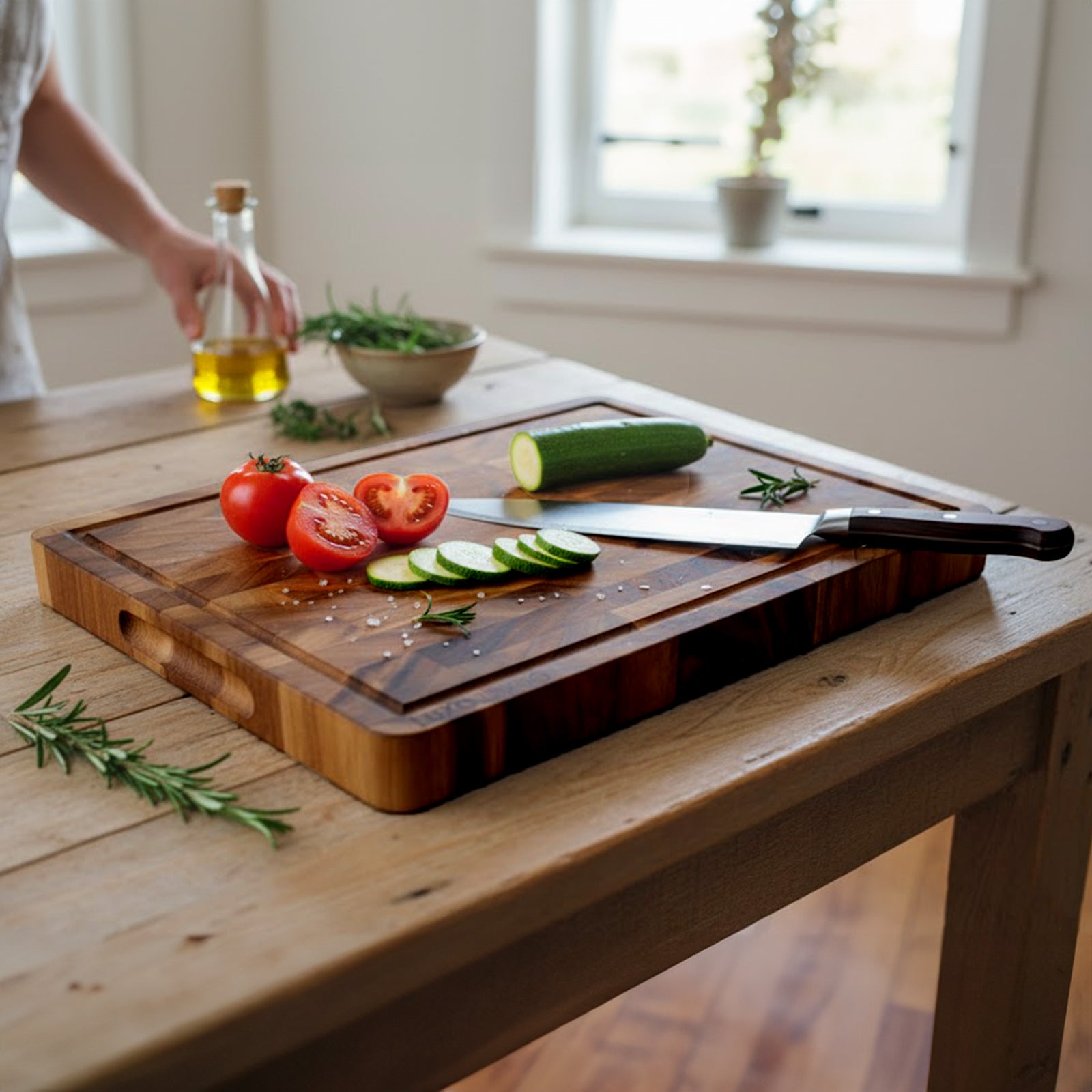 American Walnut End Grain Chopping Board on a wooden table with sliced tomato, cucumber, and a chef’s knife. Sprigs of rosemary and salt crystals highlight its premium, durable design.