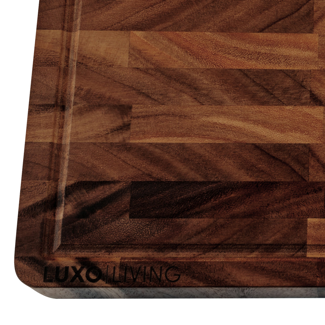 Close-up of the American Walnut End Grain Chopping Board with a shallow juice groove and LUXO LIVING brand etched in the corner, showcasing its butcher-block style and premium craftsmanship.