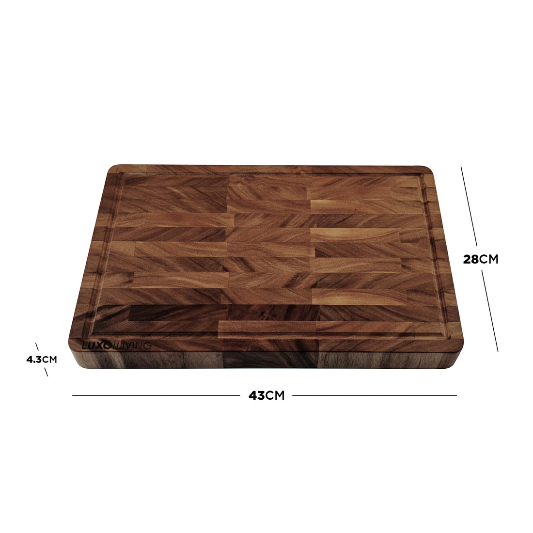 American Walnut End Grain Chopping Board with a shallow juice groove, showcasing solid wood construction, LUXO LIVING logo, measuring approximately 43 cm by 28 cm by 4.3 cm thick.
