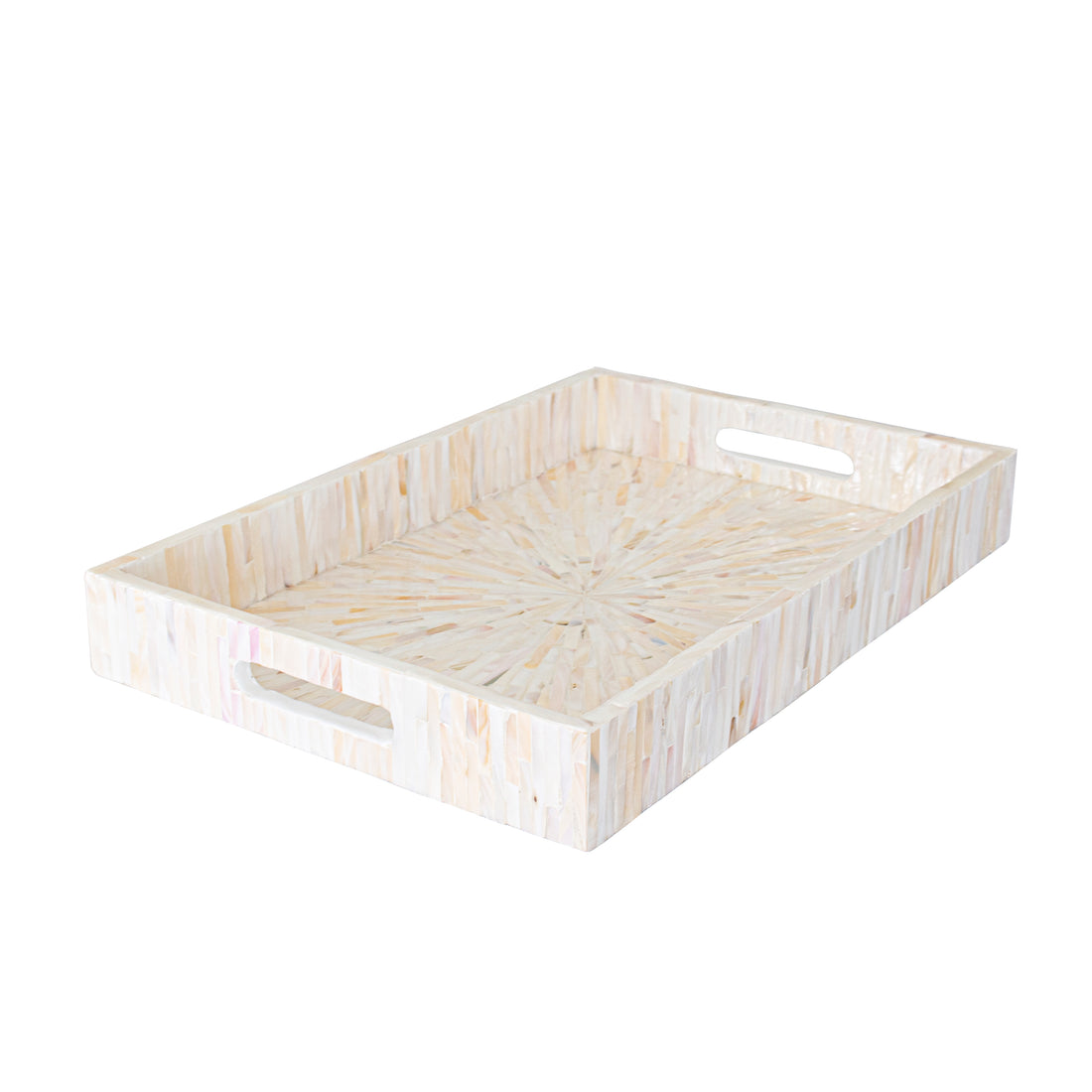 Nanaya 45cm Mother of Pearl Decorative Tray in Cream Beige, featuring a light, iridescent shell mosaic in a sunburst pattern with cut-out handles, offering both elegance and functionality.