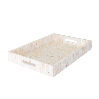 Nanaya 45cm Mother of Pearl Decorative Tray in Cream Beige, featuring a light, iridescent shell mosaic in a sunburst pattern with cut-out handles, offering both elegance and functionality.