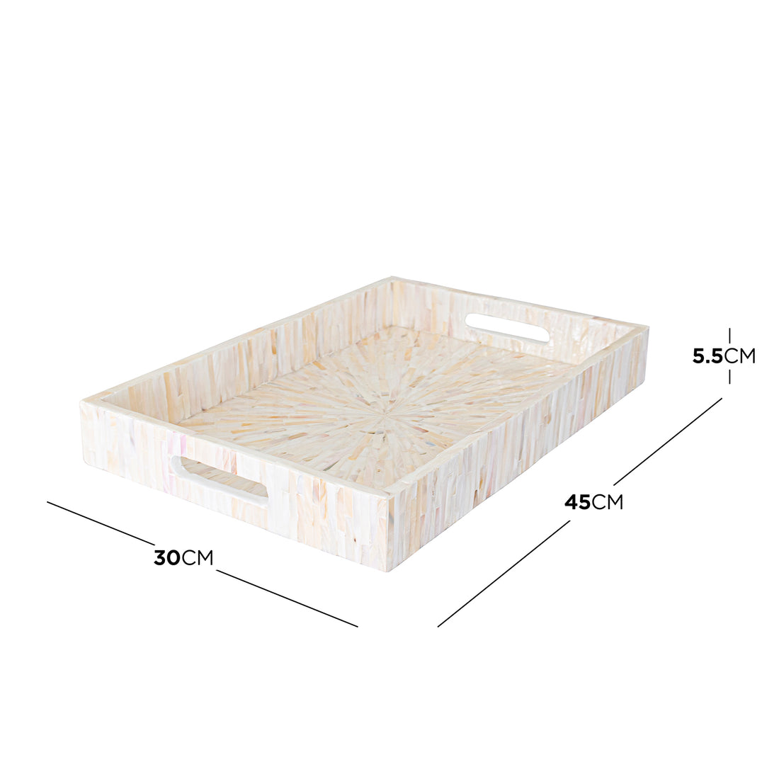 Nanaya 45cm Mother of Pearl Decorative Tray in Cream Beige, featuring cut-out handles and a shell-mosaic finish, ideal for organizing décor on tables. Measures 45x30x5.5 cm.