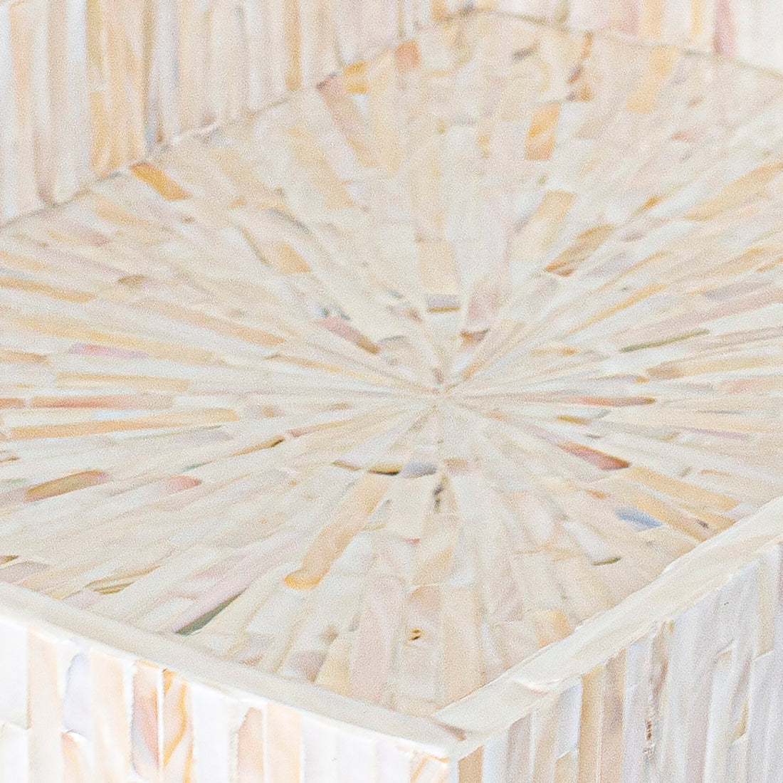 Nanaya 45cm Mother of Pearl Decorative Tray in Cream Beige, featuring a radial sunburst pattern of inlaid mother-of-pearl tiles on a square surface, showcasing intricate craftsmanship and elegance.