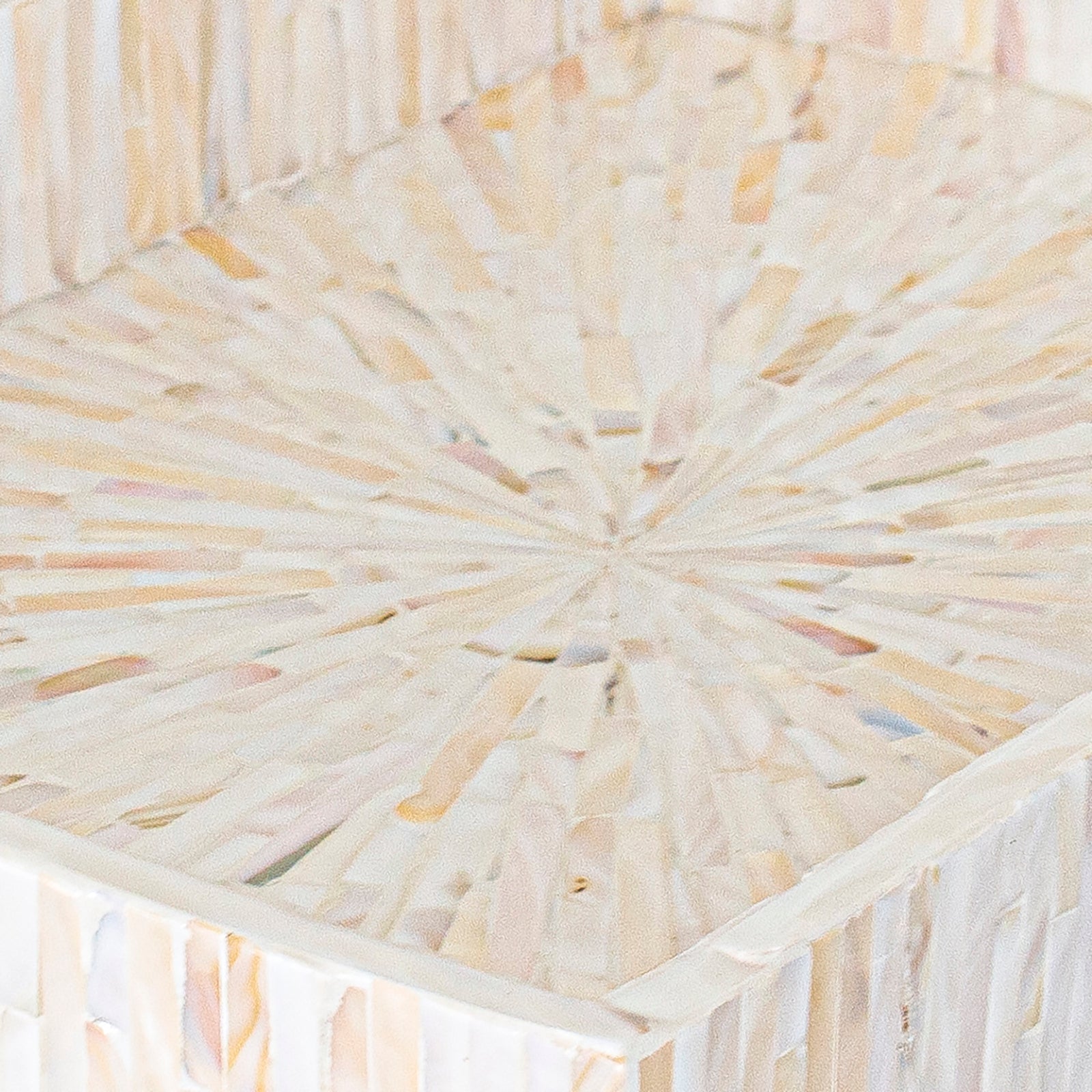 Nanaya 45cm Mother of Pearl Decorative Tray in Cream Beige, featuring a radial sunburst pattern of inlaid mother-of-pearl tiles on a square surface, showcasing intricate craftsmanship and elegance.