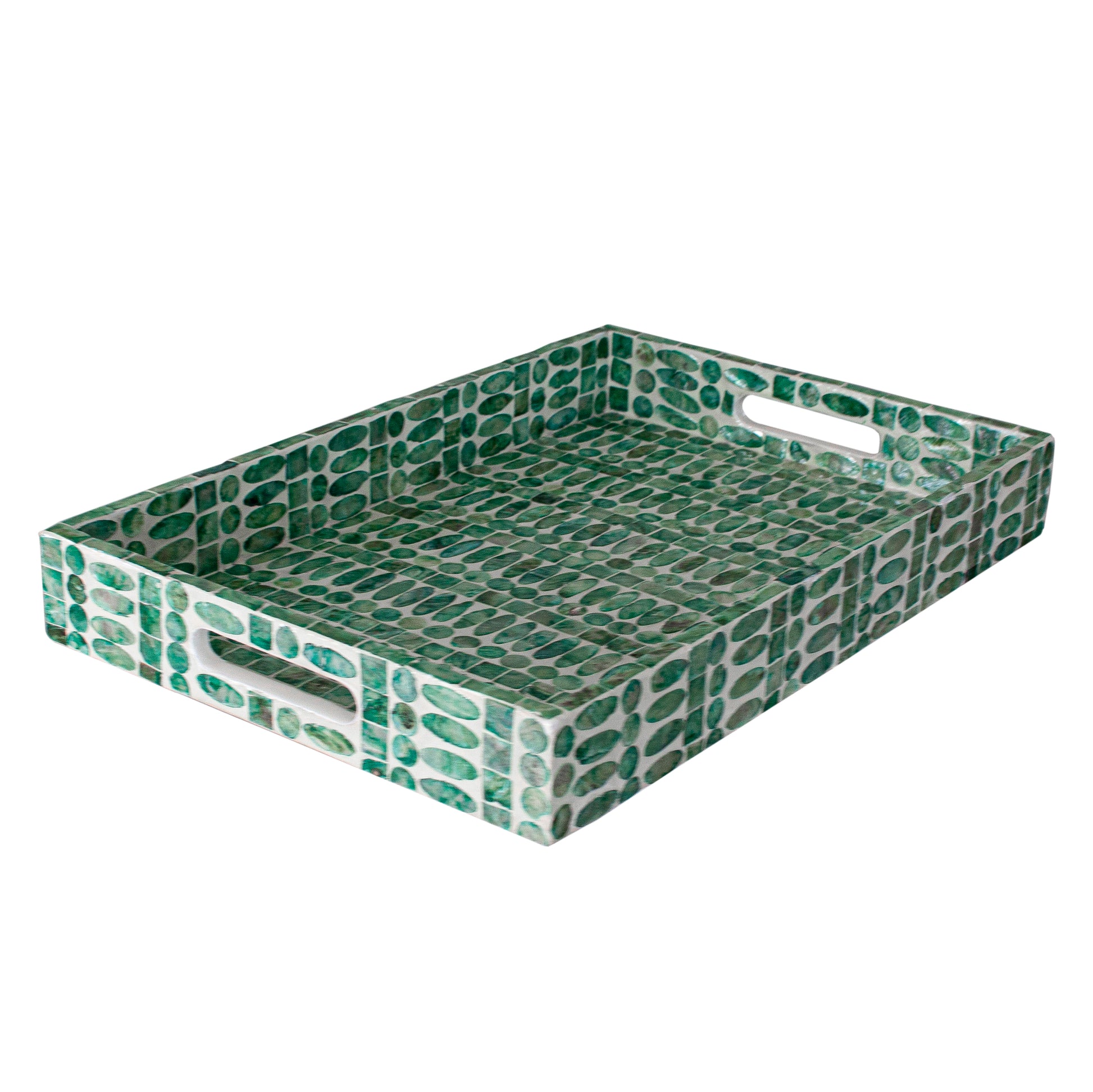 Nanaya 45cm Mother of Pearl Decorative Tray in Jade Green features a rectangular design with a green-and-white mosaic pattern and cut-out handles on the short ends for easy carrying.