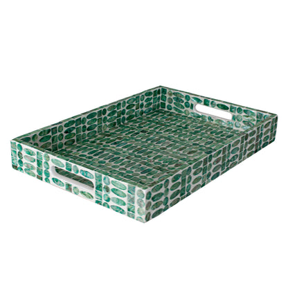 Nanaya 45cm Mother of Pearl Decorative Tray in Jade Green features a rectangular design with a green-and-white mosaic pattern and cut-out handles on the short ends for easy carrying.