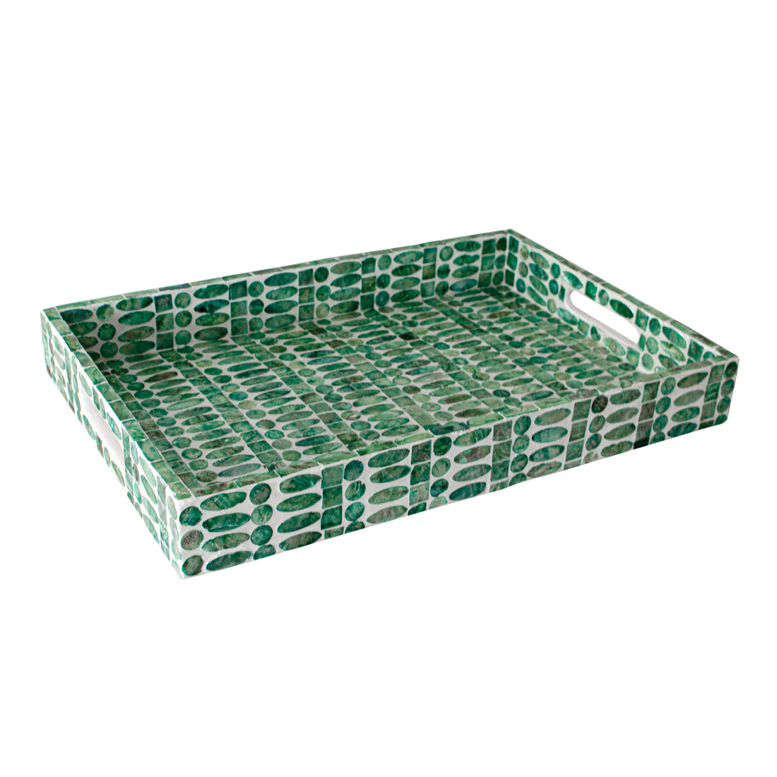 Nanaya 45cm Mother of Pearl Decorative Tray in Jade Green featuring a green pebble-style mosaic pattern against a white background with cut-out handles on the shorter sides.