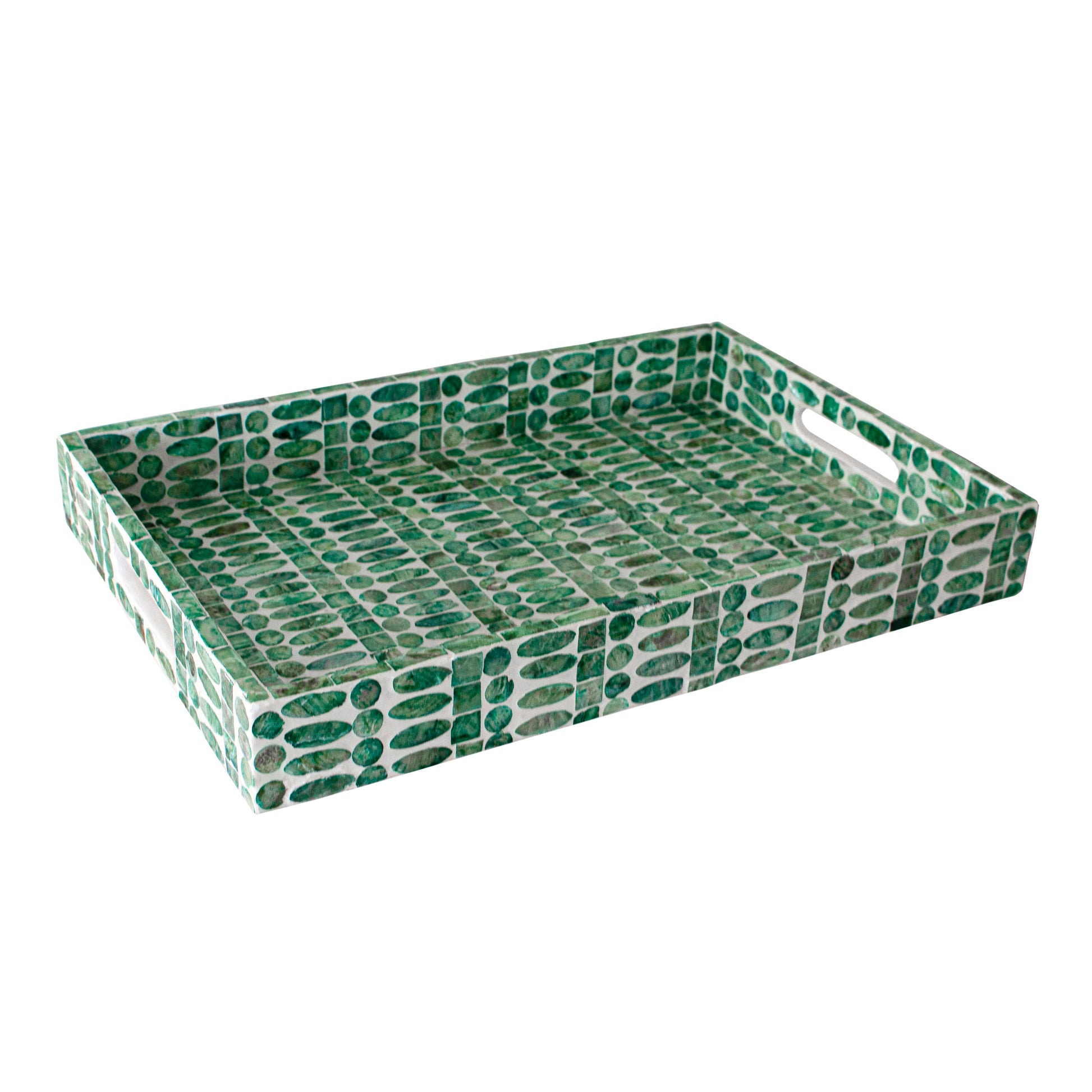 Nanaya 45cm Mother of Pearl Decorative Tray in Jade Green featuring a green pebble-style mosaic pattern against a white background with cut-out handles on the shorter sides.