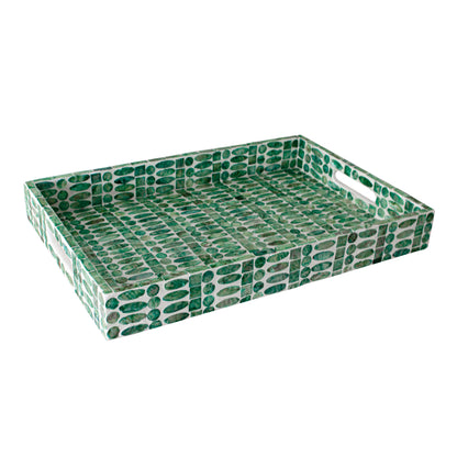 Nanaya 45cm Mother of Pearl Decorative Tray in Jade Green featuring a green pebble-style mosaic pattern against a white background with cut-out handles on the shorter sides.