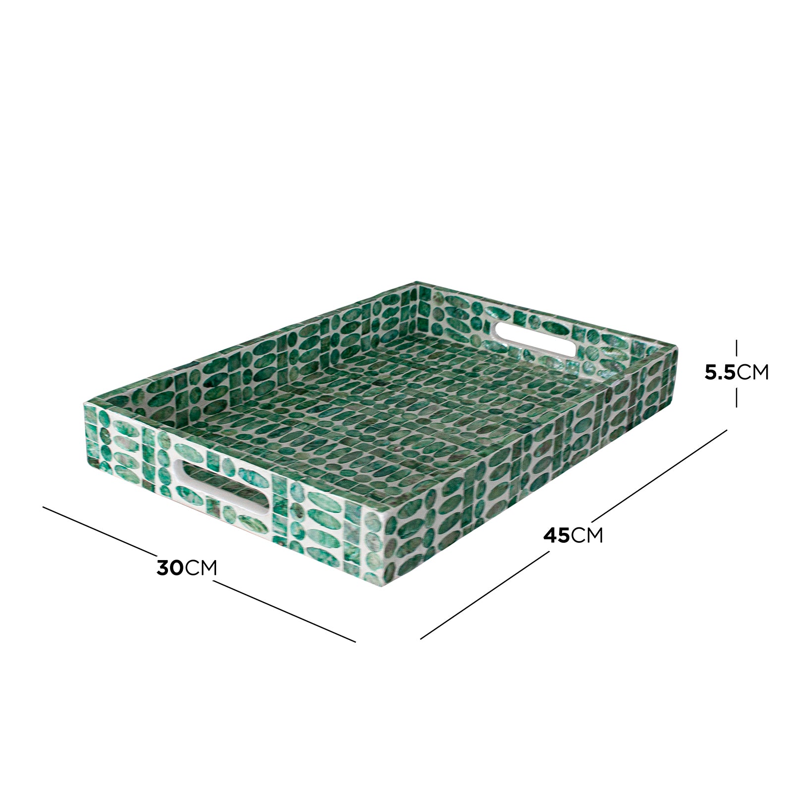 Nanaya 45cm Mother of Pearl Decorative Tray in Jade Green features a pebble-mosaic pattern, cut-out handles, and raised edges, perfect for elegant home organization and display.