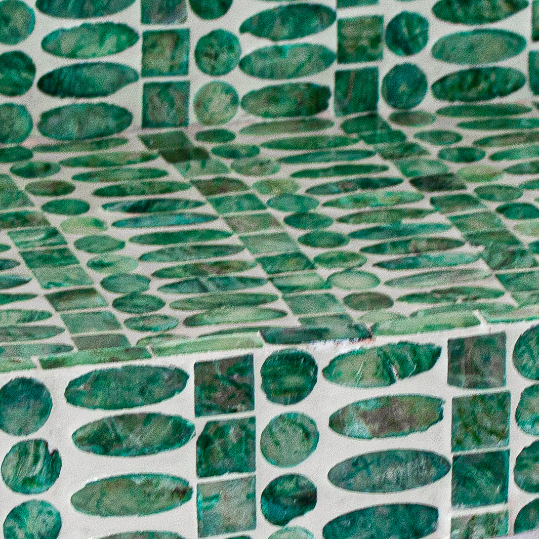 Nanaya 45cm Mother of Pearl Decorative Tray in Jade Green, featuring a close-up of a mosaic pattern with green, marble-like ceramic tiles set in a white grout matrix.