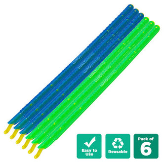 Retail pack of six slim 6pcs Sealing Sticks Reusable Clips Bag Sealer, alternating blue and green with yellow tips, featuring call-outs Easy to Use, Reusable, and Pack of 6.