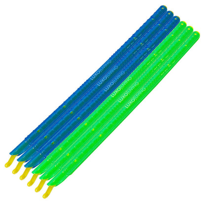Six brightly-coloured, triangular-section LUXO LIVING 6pcs Sealing Sticks Reusable Clips Bag Sealer in Blue Green with anchor holes and yellow loops for airtight sealing.