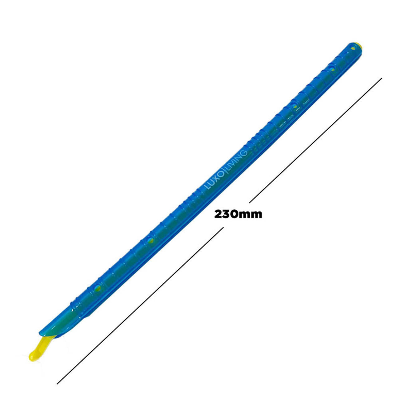 Long plastic ear-wax removal pick labeled LUXO LIVING, featuring a blue handle and yellow scoop. Not related to 6pcs Sealing Sticks Reusable Clips Bag Sealer in Blue Green.
