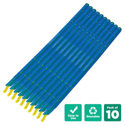 Pack of ten blue plastic watering spikes by Luxo Living, designed for attaching bottles to slowly irrigate plants; however, titled as 10pcs Kitchen Sealing Stick Reusable Clips Bag Sealer in Blue.