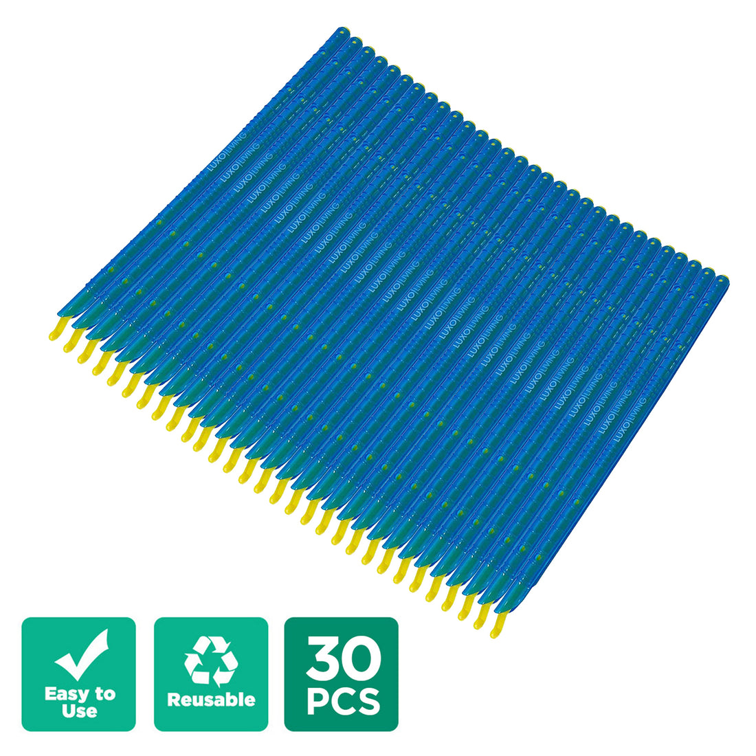 Set of 30pcs Reusable Sealing Clips - Blue, featuring slender blue handles with small yellow tips, ideal for precise tasks like dental work, model-making, and electronics, highlighted by Easy to Use and Reusable icons.