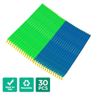 A bulk pack of 30pcs Reusable Sealing Clips - Blue & Green, featuring alternating green and blue handles with yellow scoop tips, labeled Easy to Use, Reusable, and 30 PCS.