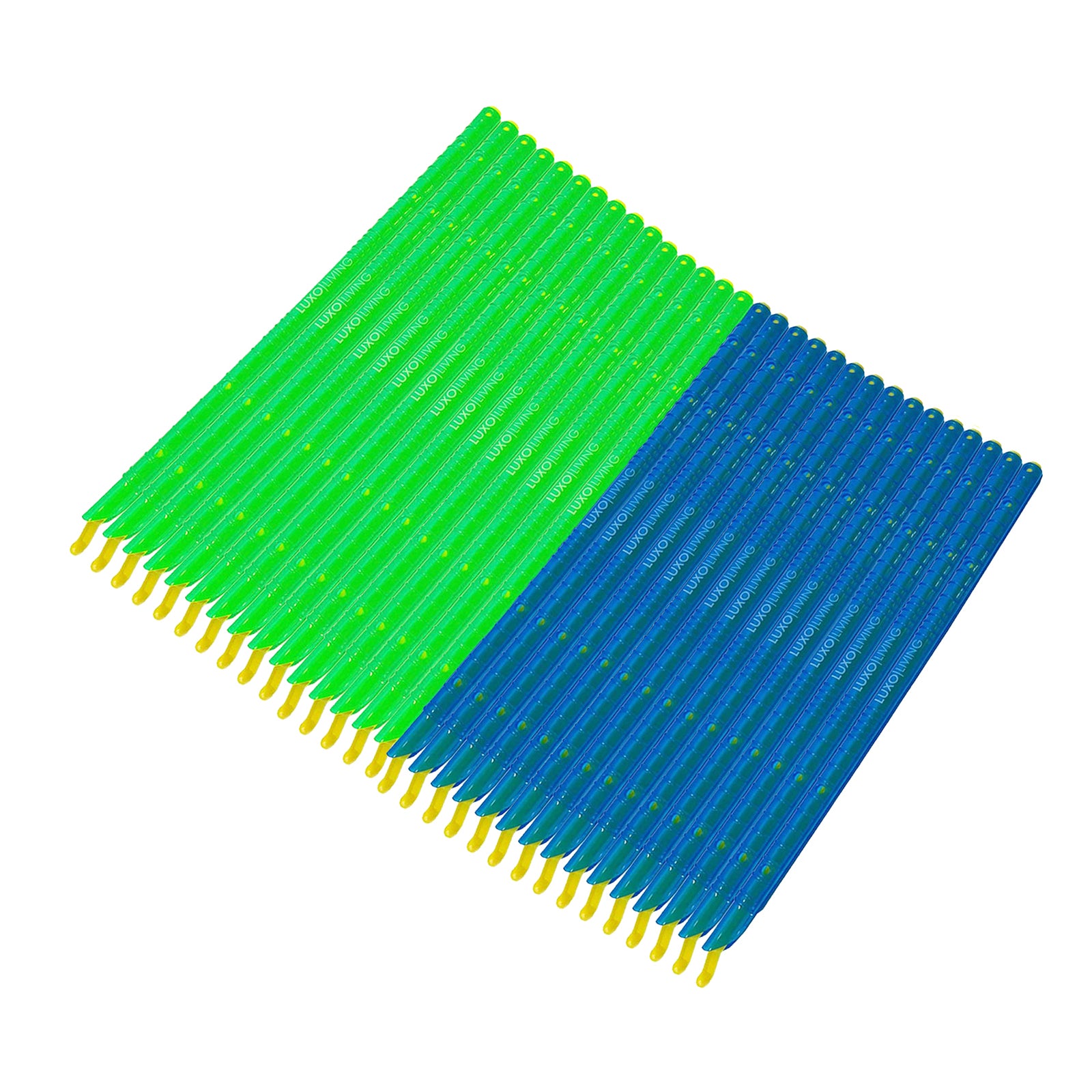 A pack of 30pcs Reusable Sealing Clips - Blue & Green, featuring thin plastic handles with tiny yellow foam tips for precise liquid placement, ideal for sealing food bags.