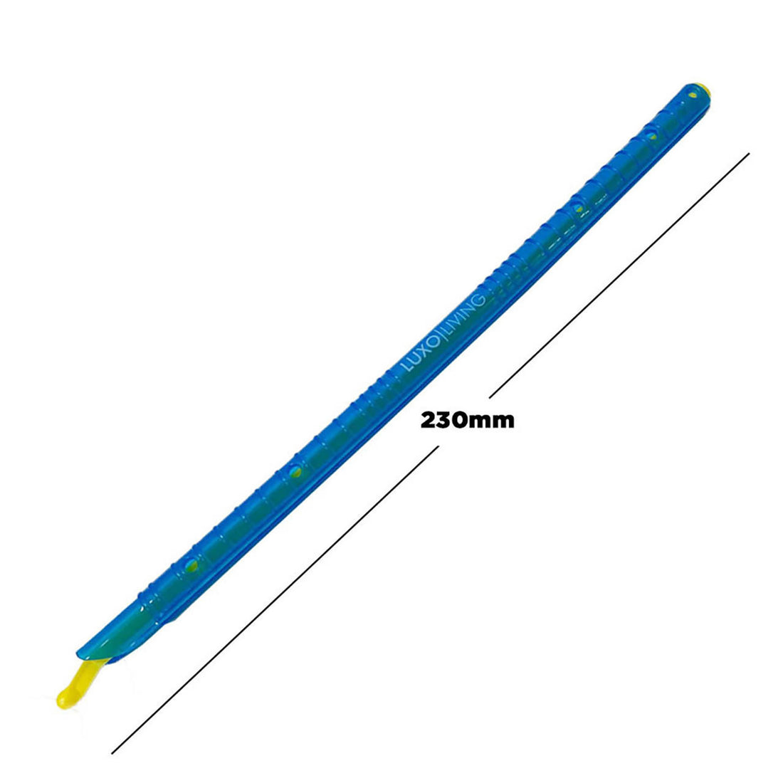 A 230mm LUXO LIVING plastic wand with a yellow scoop tip and blue ribbed grip, designed as an ear-wax removal pick. Not to be confused with 30pcs Reusable Sealing Clips - Blue & Green.