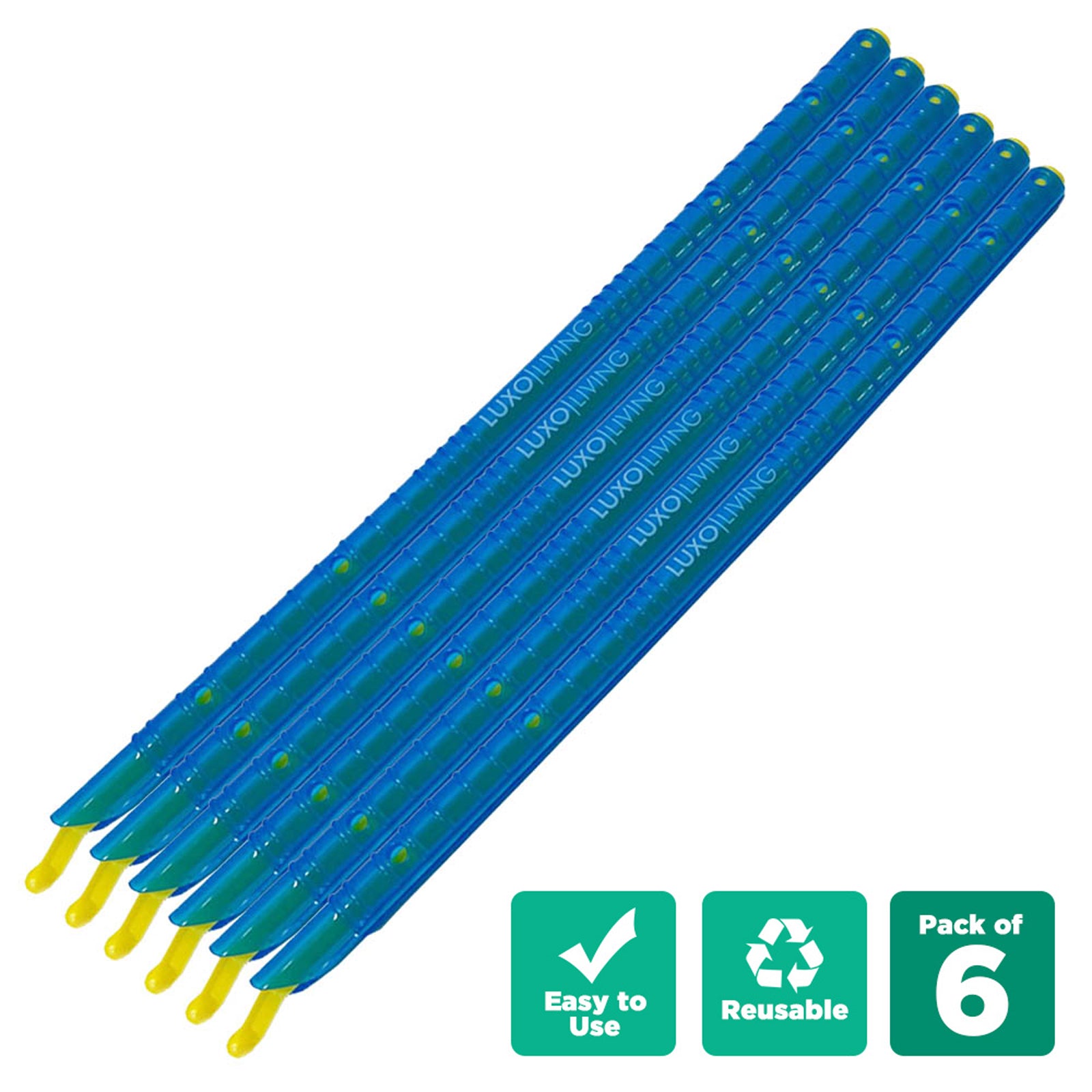 Pack of six blue 6pcs Kitchen Sealing Stick Reusable Clips Bag Sealer, featuring durable, perforated tubes with yellow hooks for easy use, designed to keep food fresh by sealing bags securely.