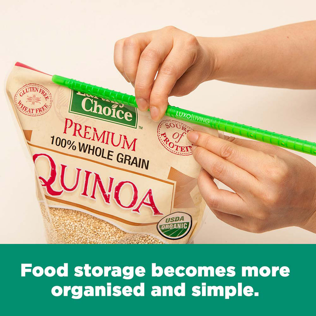 Hands use the Luxo Living sealer tool to clip shut a bag of Eden’s Choice Quinoa, showcasing the 6pcs Kitchen Sealing Stick Reusable Clips Bag Sealer for organized food storage.