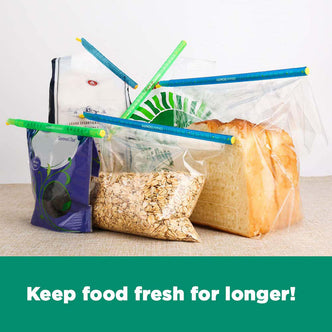 10pcs Sealing Sticks Reusable Clips Bag Sealer in Green Blue secure bags of oats, nuts, and bread, showcasing their versatility in keeping food fresh longer with colorful, airtight seals.