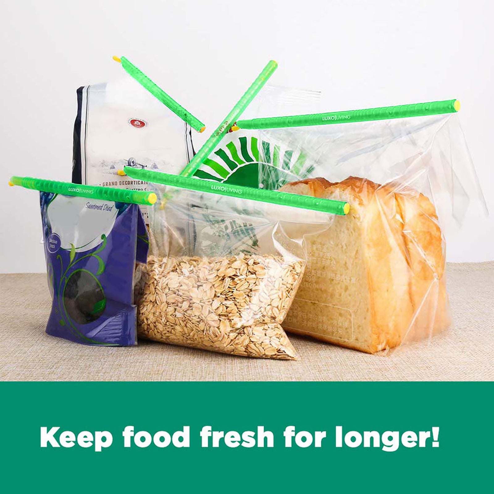 30pcs Reusable Sealing Clips - Green securing clear plastic bags containing food items like oats and bread, illustrating their function in maintaining freshness as highlighted by the Keep food fresh for longer! banner.