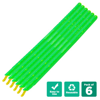 Six bright-green plastic watering spikes by LUXO LIVING, designed for irrigation, feature small holes for slow water release. Pack includes six reusable spikes, emphasizing ease of use.