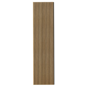 Close-up of the Agoran 240cm Acoustic Wood Slat Wall Panel Natural showcasing its sleek timber veneer finish, highlighting its modern design and slatted texture for noise reduction.