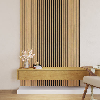 Agoran 240cm Acoustic Wood Slat Wall Panel Natural displayed in an interior setting, emphasizing its sleek timber veneer design with vertical slats, enhancing the room's modern aesthetic and functionality.