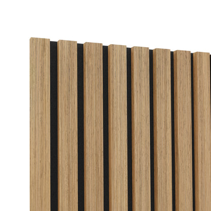Agoran 240cm Acoustic Wood Slat Wall Panel Natural shown in close-up, highlighting its timber veneer slats and detailed craftsmanship, perfect for adding a modern, noise-reducing touch to any space.