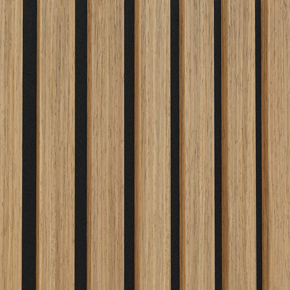 Close-up of the Agoran 240cm Acoustic Wood Slat Wall Panel Natural, highlighting its sleek, timber veneer slats with precise spacing, designed for stylish decor and effective noise reduction in modern interiors.