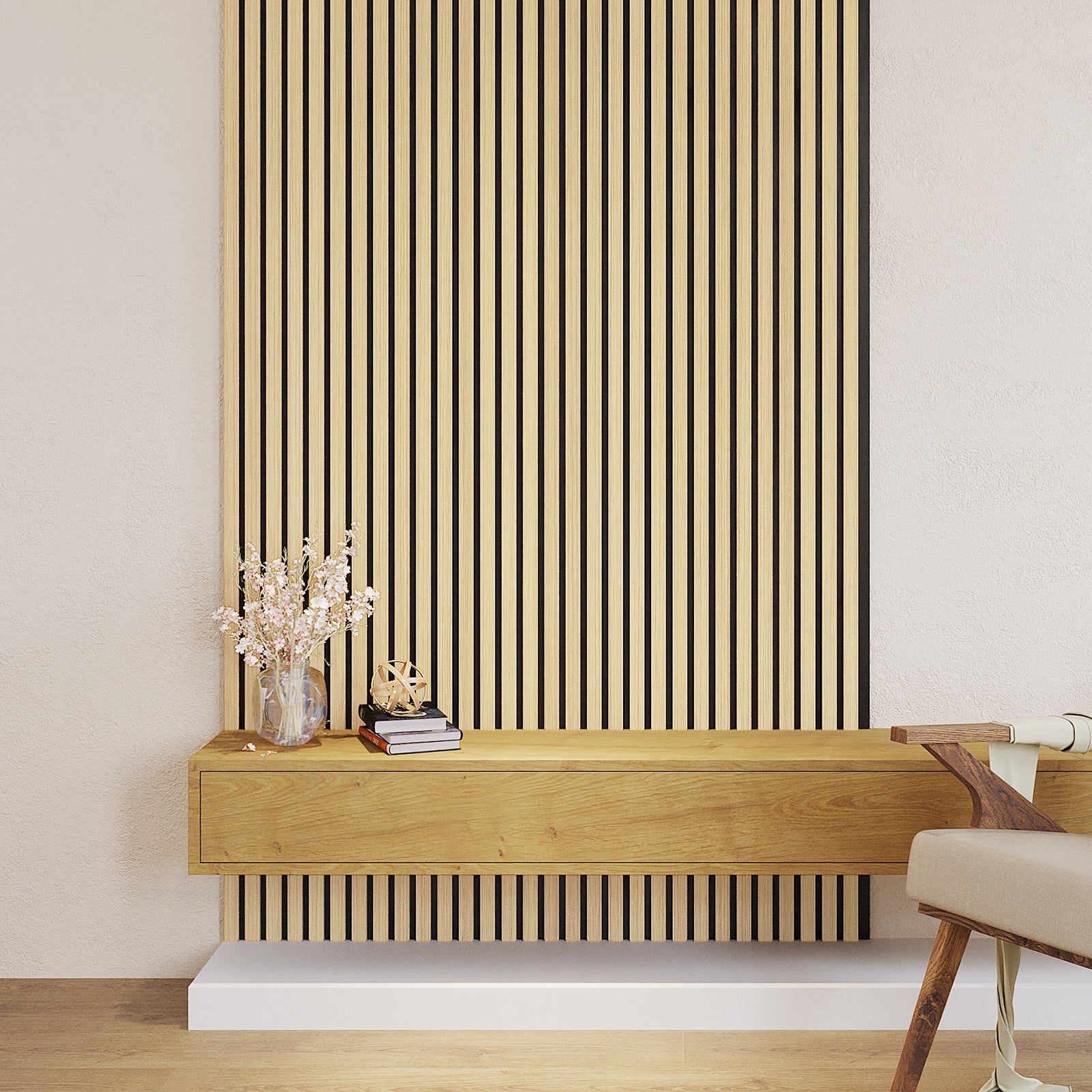 Agoran 240cm Acoustic Wood Slat Wall Panel Oak displayed as a sleek, vertical panel highlighting timber veneer slats with precise spacing, enhancing modern interiors while providing acoustic benefits.