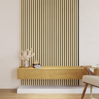 Agoran 240cm Acoustic Wood Slat Wall Panel Oak displayed as a sleek, vertical panel highlighting timber veneer slats with precise spacing, enhancing modern interiors while providing acoustic benefits.
