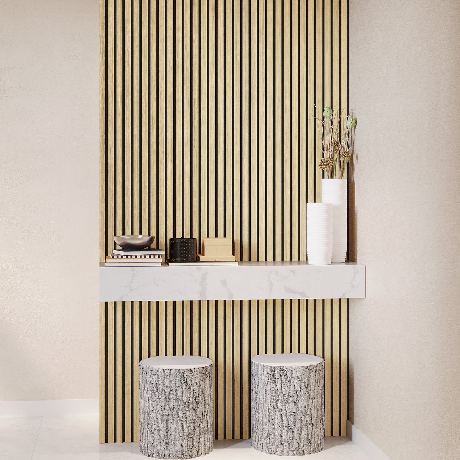 Agoran 240cm Acoustic Wood Slat Wall Panel Oak, featuring wood slats on a black base, designed for stylish noise reduction in interiors, shown close-up against an indoor backdrop.