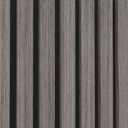 Agoran 240cm Acoustic Wood Slat Wall Panel - Set of 2 Grey Oak, showcasing parallel wooden slats with a sleek, modern design, emphasizing the product's stylish look and soundproofing capabilities.