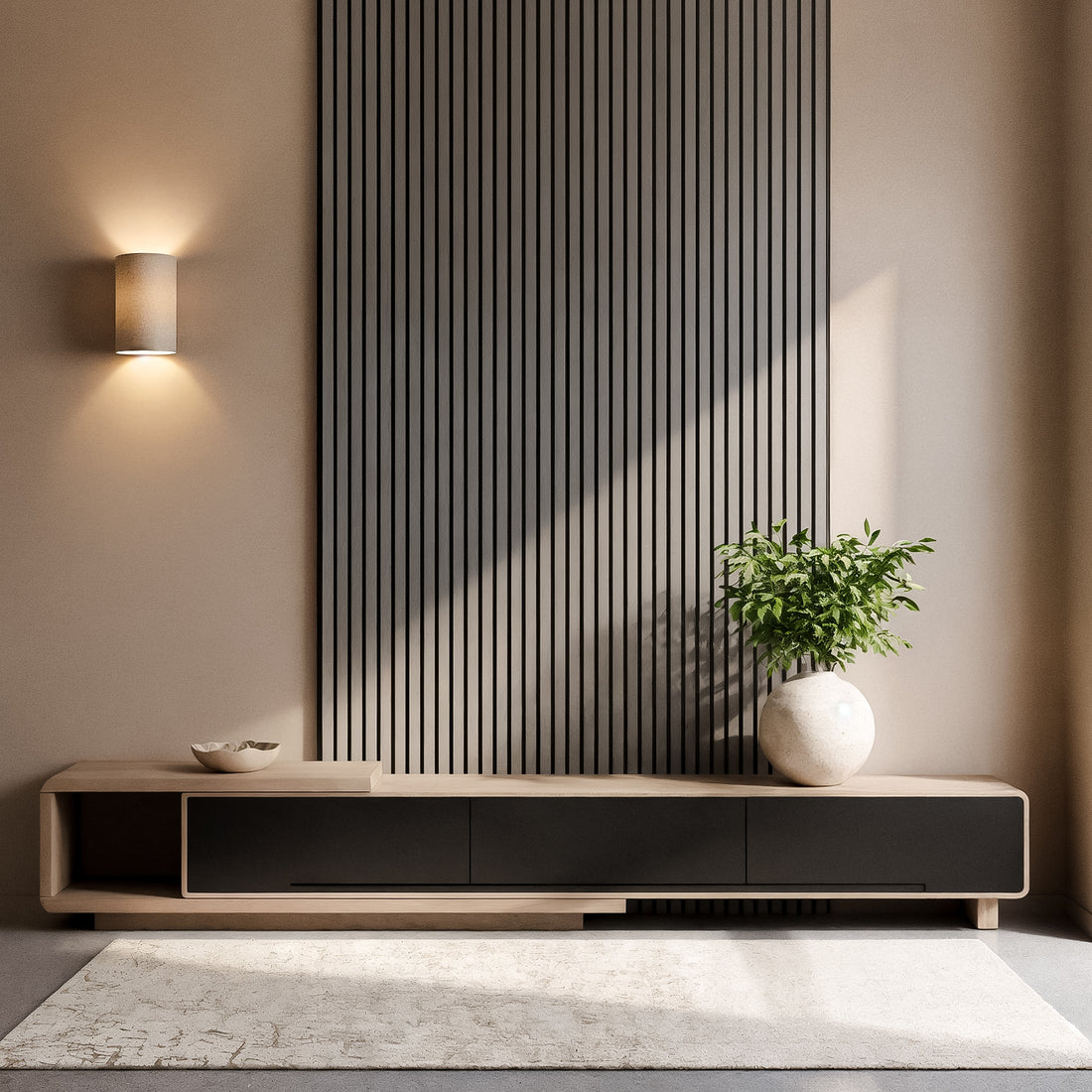 Agoran 240cm Acoustic Slat Wall Panel Set of 2 in Oak Grey showcased against a pale-beige wall, featuring vertically slatted design, enhancing the modern, minimalist look of the room.